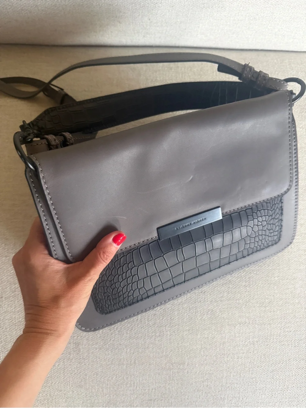 Structured Gray Leather Crossbody Bag with Black Croc Accent